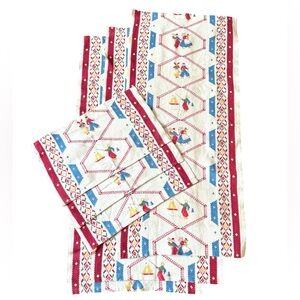 Set of vintage Dutch linens. 3 table runners and cafe curtains.